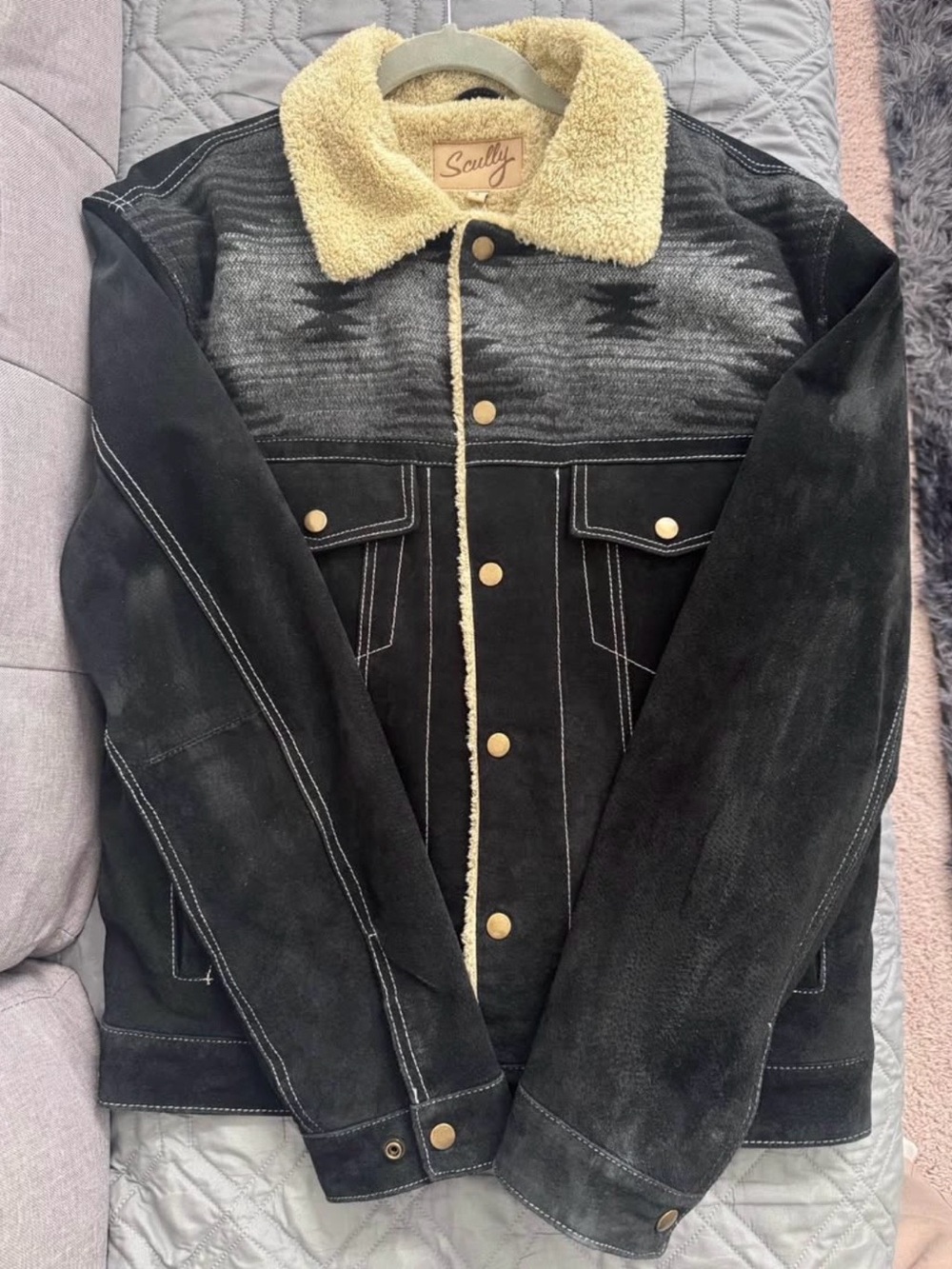 Scully Black Suede Sherpa-Lined Bomber Jacket with Cream Collar